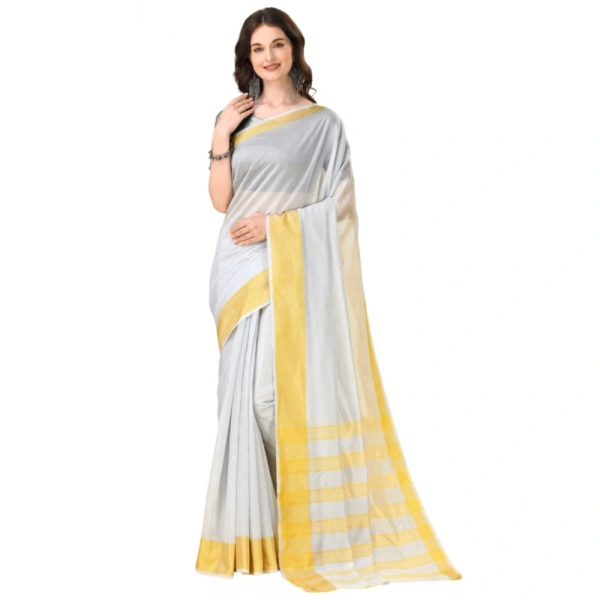 Women's Cotton Silk Striped Saree With Unstitched Blouse 5.5Mtr (Silver) - Silver