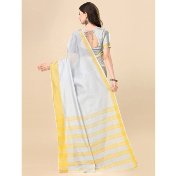 Women's Cotton Silk Striped Saree With Unstitched Blouse 5.5Mtr (Silver) - Silver