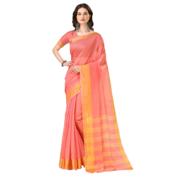 Women's Cotton Silk Striped Saree With Unstitched Blouse 5.5Mtr (Pink) - Pink