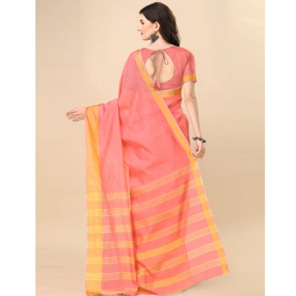 Women's Cotton Silk Striped Saree With Unstitched Blouse 5.5Mtr (Pink) - Pink