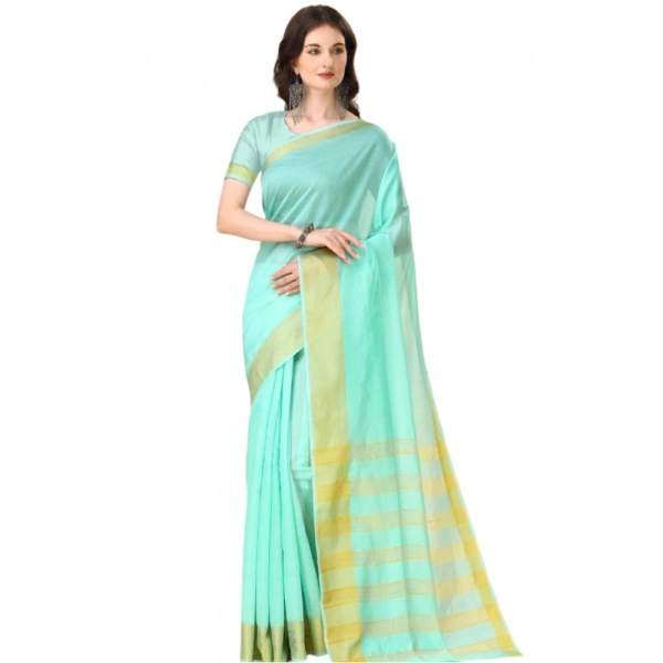 Women's Cotton Silk Striped Saree With Unstitched Blouse 5.5Mtr (Blue) - Blue