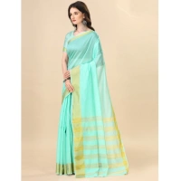 Women's Cotton Silk Striped Saree With Unstitched Blouse 5.5Mtr (Blue) - Blue