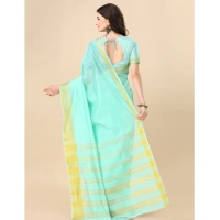 Women's Cotton Silk Striped Saree With Unstitched Blouse 5.5Mtr (Blue) - Blue