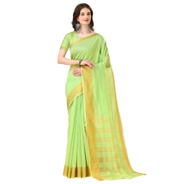 Women's Cotton Silk Striped Saree With Unstitched Blouse 5.5Mtr (Green) - Green