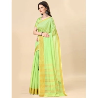 Women's Cotton Silk Striped Saree With Unstitched Blouse 5.5Mtr (Green) - Green