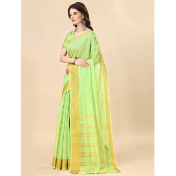 Women's Cotton Silk Striped Saree With Unstitched Blouse 5.5Mtr (Green) - Green
