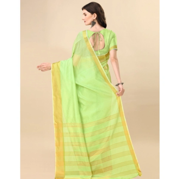 Women's Cotton Silk Striped Saree With Unstitched Blouse 5.5Mtr (Green) - Green
