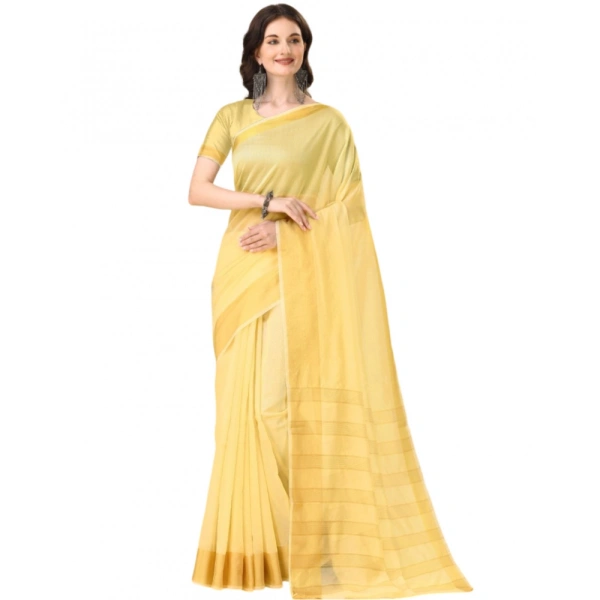 Women's Cotton Silk Striped Saree With Unstitched Blouse 5.5Mtr (Yellow) - Yellow