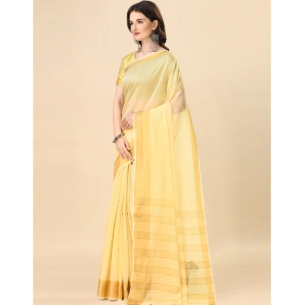 Women's Cotton Silk Striped Saree With Unstitched Blouse 5.5Mtr (Yellow) - Yellow