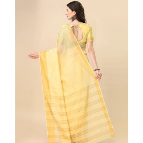 Women's Cotton Silk Striped Saree With Unstitched Blouse 5.5Mtr (Yellow) - Yellow