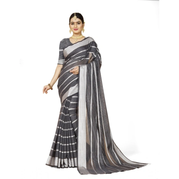 Women's Cotton Silk Striped Saree With Unstitched Blouse 5.5Mtr (Grey) - Grey