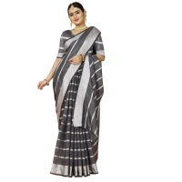 Women's Cotton Silk Striped Saree With Unstitched Blouse 5.5Mtr (Grey) - Grey
