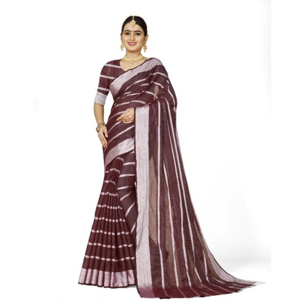 Women's Cotton Silk Striped Saree With Unstitched Blouse 5.5Mtr (Maroon) - Maroon