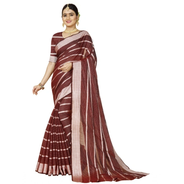 Women's Cotton Silk Striped Saree With Unstitched Blouse 5.5Mtr (Red) - Red