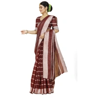 Women's Cotton Silk Striped Saree With Unstitched Blouse 5.5Mtr (Red) - Red