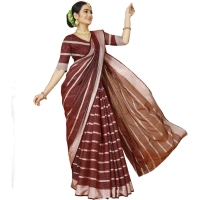 Women's Cotton Silk Striped Saree With Unstitched Blouse 5.5Mtr (Red) - Red
