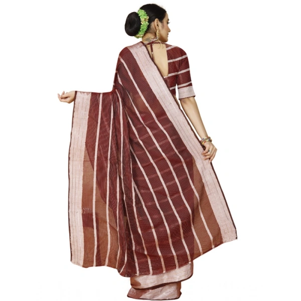 Women's Cotton Silk Striped Saree With Unstitched Blouse 5.5Mtr (Red) - Red
