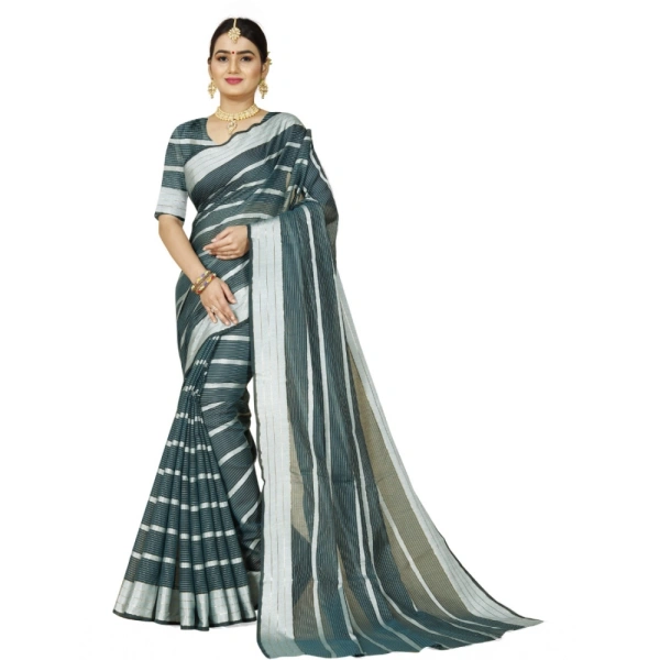 Women's Cotton Silk Striped Saree With Unstitched Blouse 5.5Mtr (Dark Green) - Dark Green