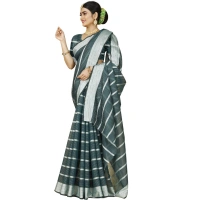 Women's Cotton Silk Striped Saree With Unstitched Blouse 5.5Mtr (Dark Green) - Dark Green