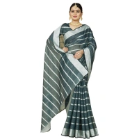 Women's Cotton Silk Striped Saree With Unstitched Blouse 5.5Mtr (Dark Green) - Dark Green