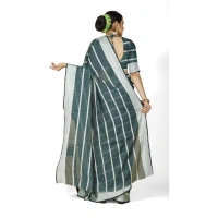 Women's Cotton Silk Striped Saree With Unstitched Blouse 5.5Mtr (Dark Green) - Dark Green