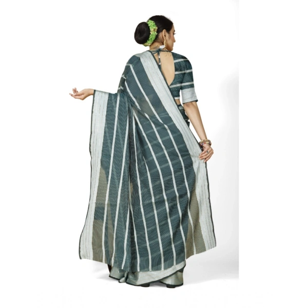 Women's Cotton Silk Striped Saree With Unstitched Blouse 5.5Mtr (Dark Green) - Dark Green