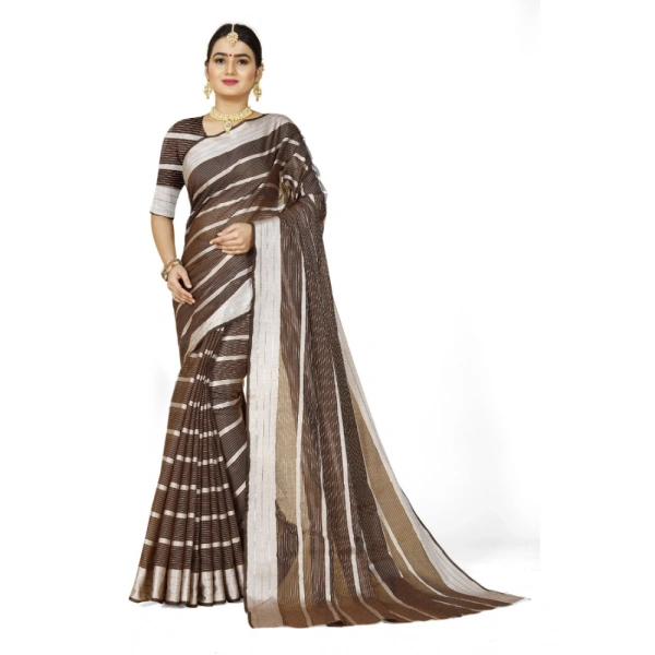 Women's Cotton Silk Striped Saree With Unstitched Blouse 5.5Mtr (Brown) - Brown