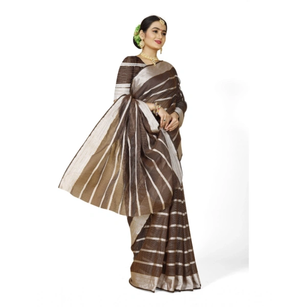 Women's Cotton Silk Striped Saree With Unstitched Blouse 5.5Mtr (Brown) - Brown