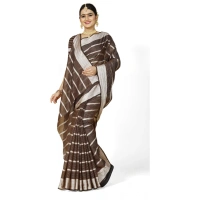 Women's Cotton Silk Striped Saree With Unstitched Blouse 5.5Mtr (Brown) - Brown