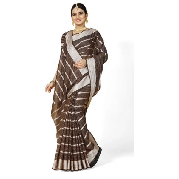 Women's Cotton Silk Striped Saree With Unstitched Blouse 5.5Mtr (Brown) - Brown