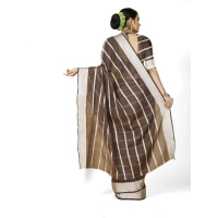 Women's Cotton Silk Striped Saree With Unstitched Blouse 5.5Mtr (Brown) - Brown