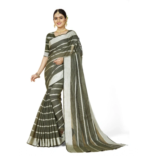Women's Cotton Silk Striped Saree With Unstitched Blouse 5.5Mtr (Green) - Green