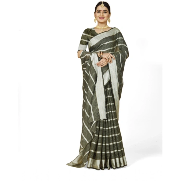 Women's Cotton Silk Striped Saree With Unstitched Blouse 5.5Mtr (Green) - Green