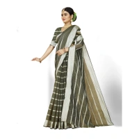 Women's Cotton Silk Striped Saree With Unstitched Blouse 5.5Mtr (Green) - Green