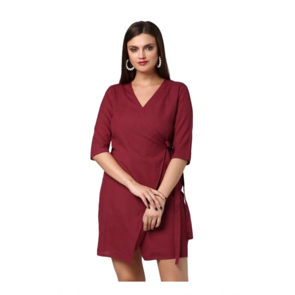 Women's Cotton Solid 3-4th Sleeves Above Knee Dress (Maroon) - S