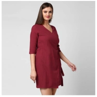 Women's Cotton Solid 3-4th Sleeves Above Knee Dress (Maroon) - S