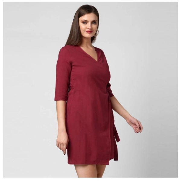 Women's Cotton Solid 3-4th Sleeves Above Knee Dress (Maroon) - S