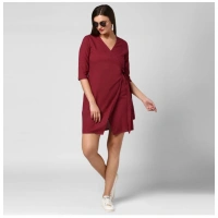 Women's Cotton Solid 3-4th Sleeves Above Knee Dress (Maroon) - S