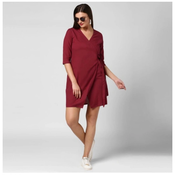 Women's Cotton Solid 3-4th Sleeves Above Knee Dress (Maroon) - S