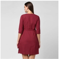 Women's Cotton Solid 3-4th Sleeves Above Knee Dress (Maroon) - S