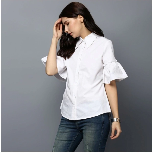 Women's Cotton Solid Bell Sleeve Top (White) - L