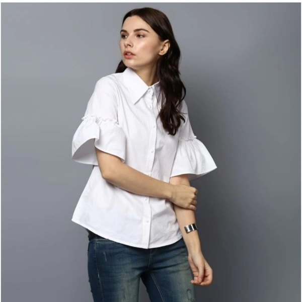 Women's Cotton Solid Bell Sleeve Top (White) - S