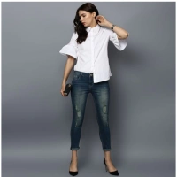 Women's Cotton Solid Bell Sleeve Top (White) - S