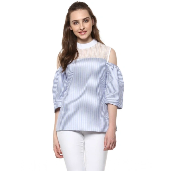 Women's Cotton Striped Cold Shoulder Top (Blue) - M