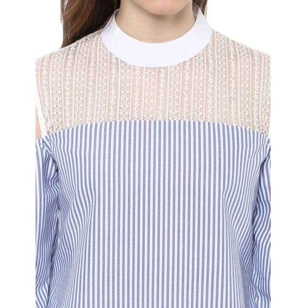 Women's Cotton Striped Cold Shoulder Top (Blue) - M