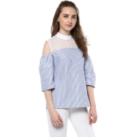 Women's Cotton Striped Cold Shoulder Top (Blue) - M