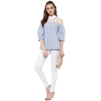 Women's Cotton Striped Cold Shoulder Top (Blue) - M