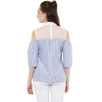 Women's Cotton Striped Cold Shoulder Top (Blue) - M