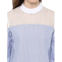 Women's Cotton Striped Cold Shoulder Top (Blue) - M