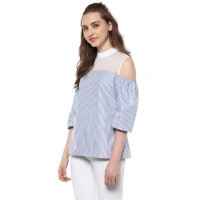 Women's Cotton Striped Cold Shoulder Top (Blue) - M
